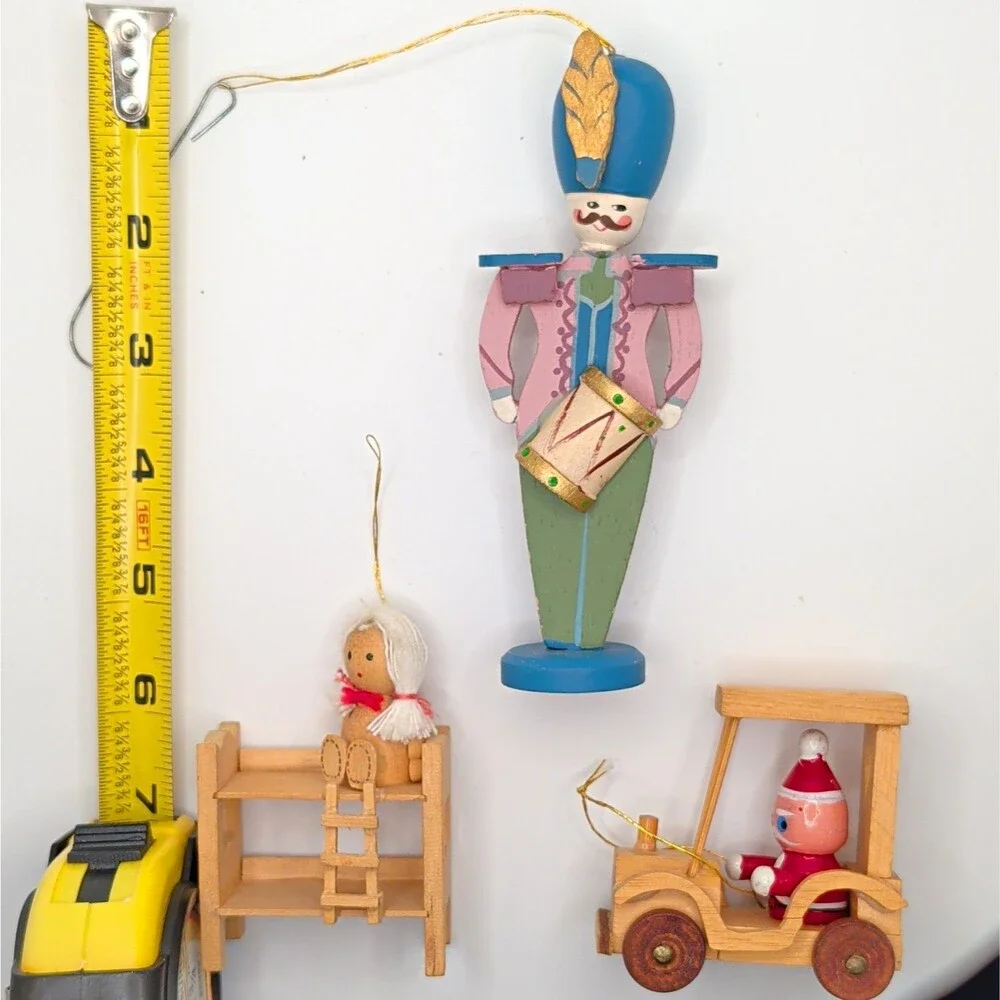 Vintage Wooden Christmas Ornaments Lot 3 Santa Car Toy Soldier Drummer Doll Bed